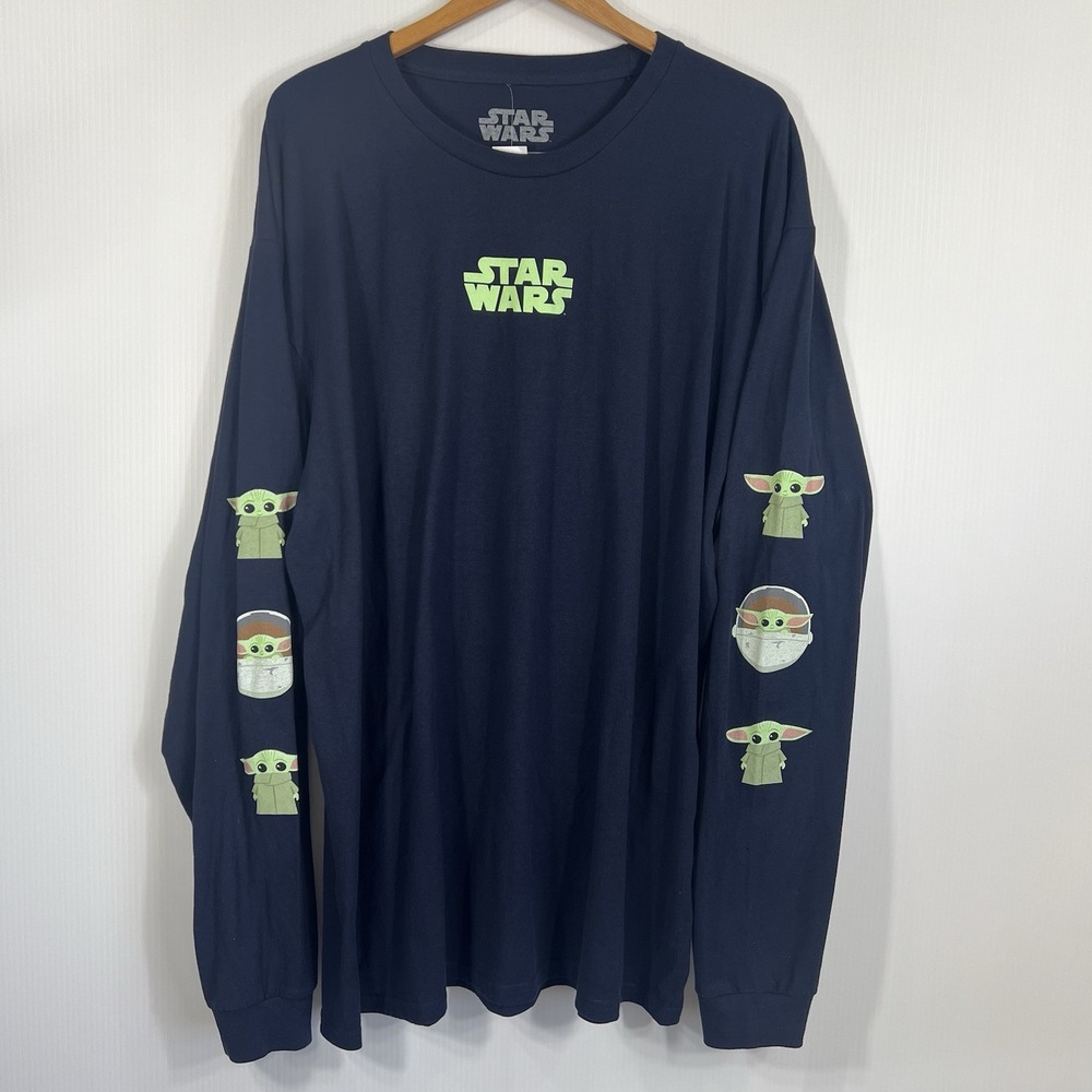 Star Wars Grogu The Child Graphic Long Sleeve T-Shirt Mens 2X Blue Cotton FLAW